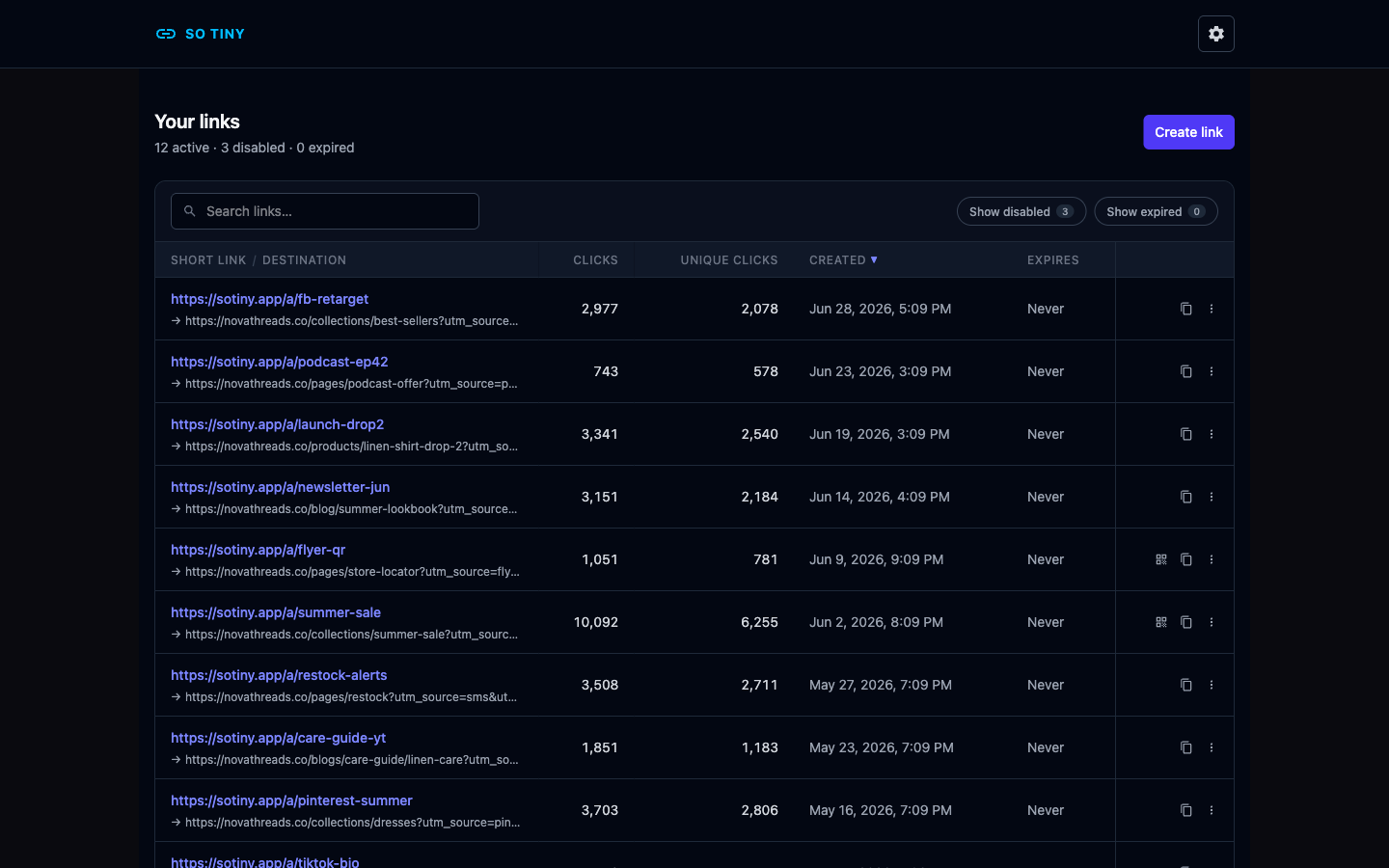 The So Tiny dashboard listing short links for social, email, podcast, and print campaigns, each with click counts, unique clicks, and creation dates