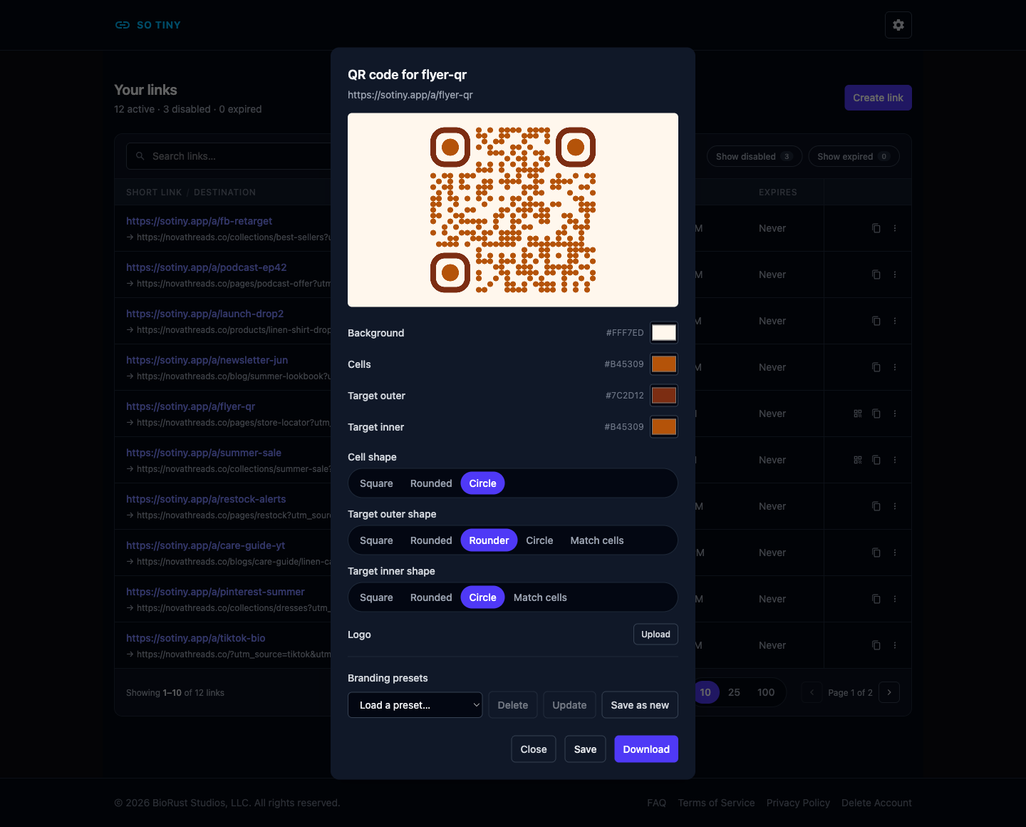The QR code customizer: a branded QR code with custom background, cell, and finder-eye colors, shape controls, logo upload, and reusable branding presets